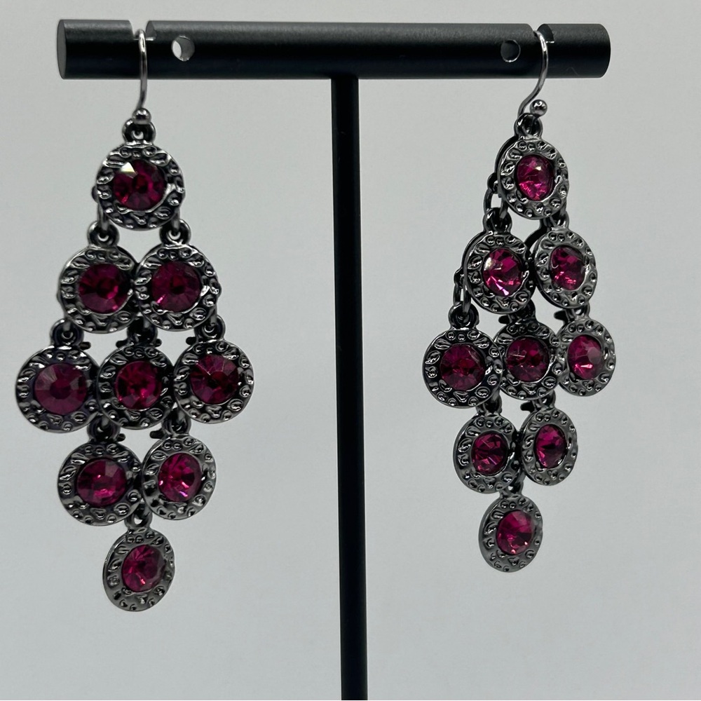 Stylish Pink Stone & Gunmetal Chandelier Earrings